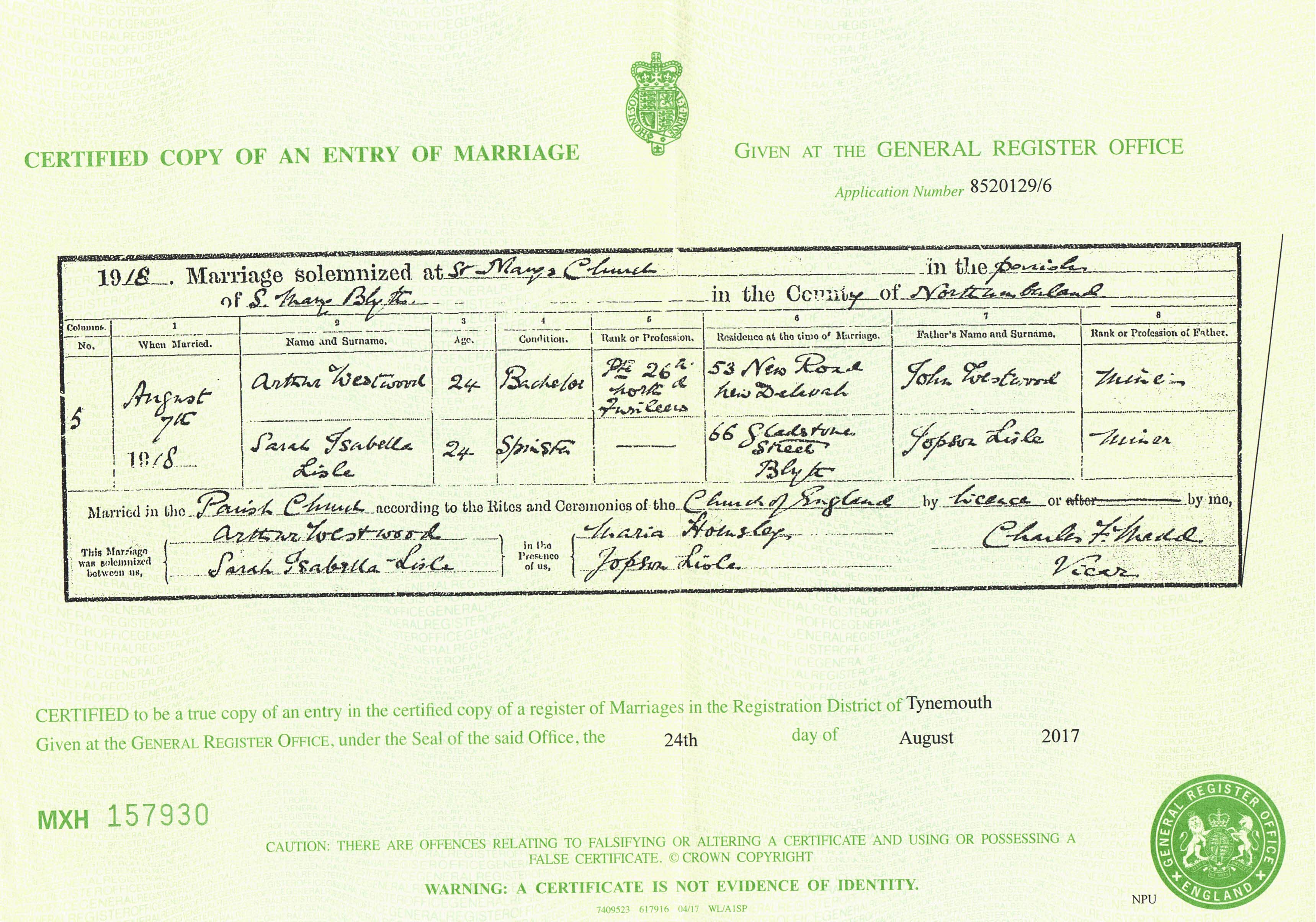 Scans/Arthur Westwood marriage to Sarah Elizabeth Isle .jpg