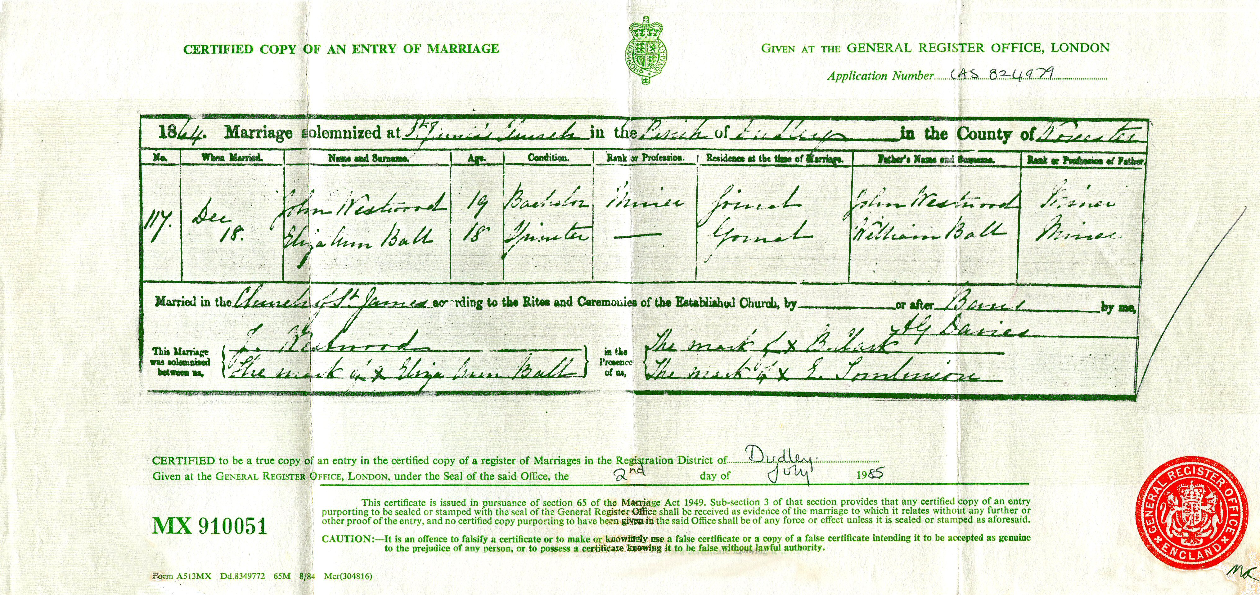 Marriage Records/1864 JohnWestwood  ElizaAnnBal Marr Cert.jpg